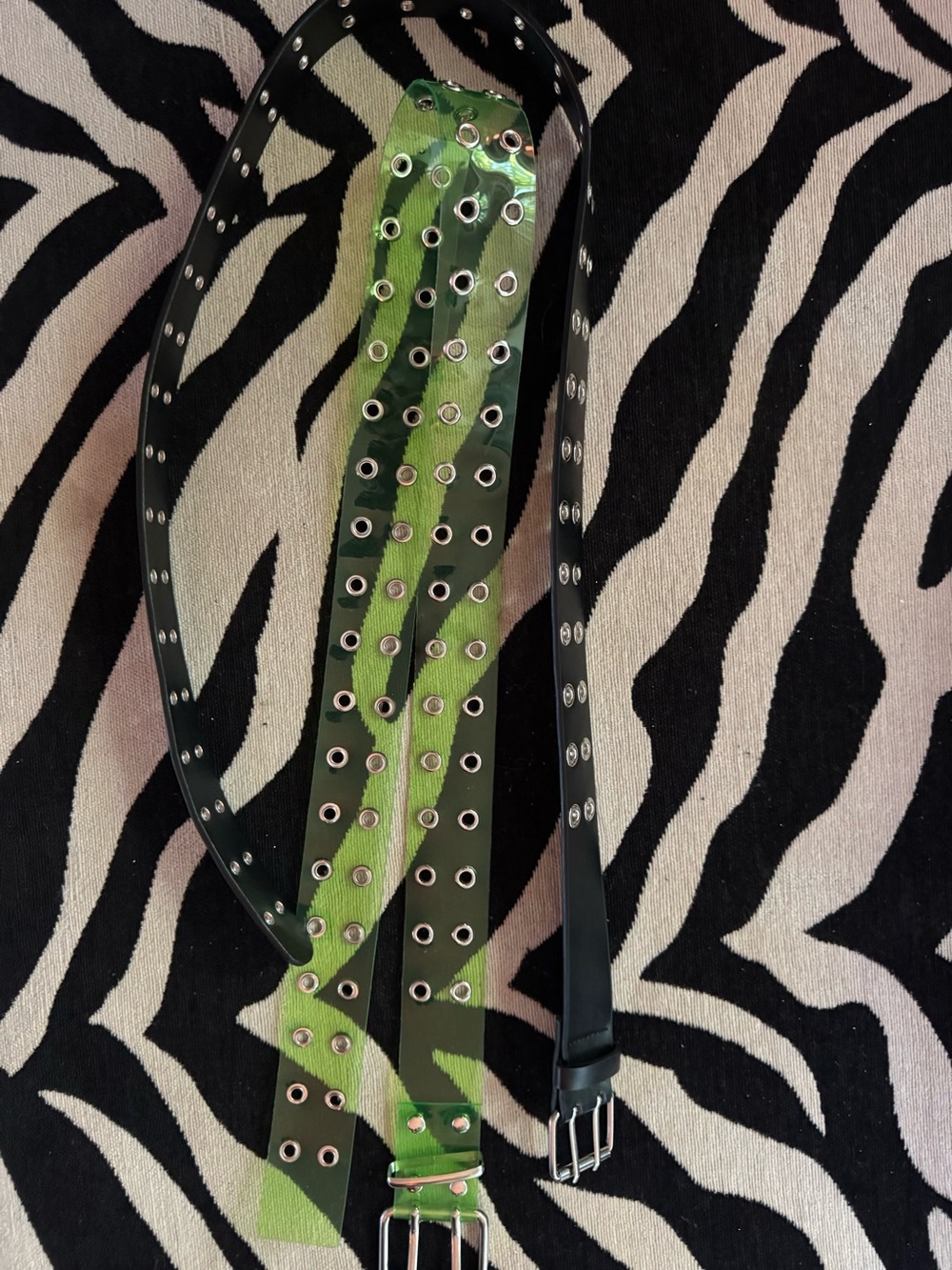 Clear Lime Green and Black Grommet Y2K Belts with Silver